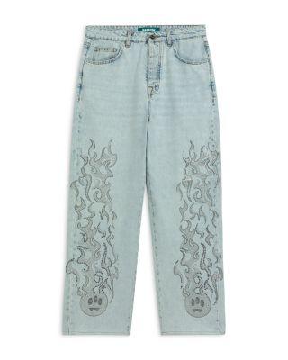 Relaxed Fit Flame Print Jeans in Sky Blue Denim by BARROW