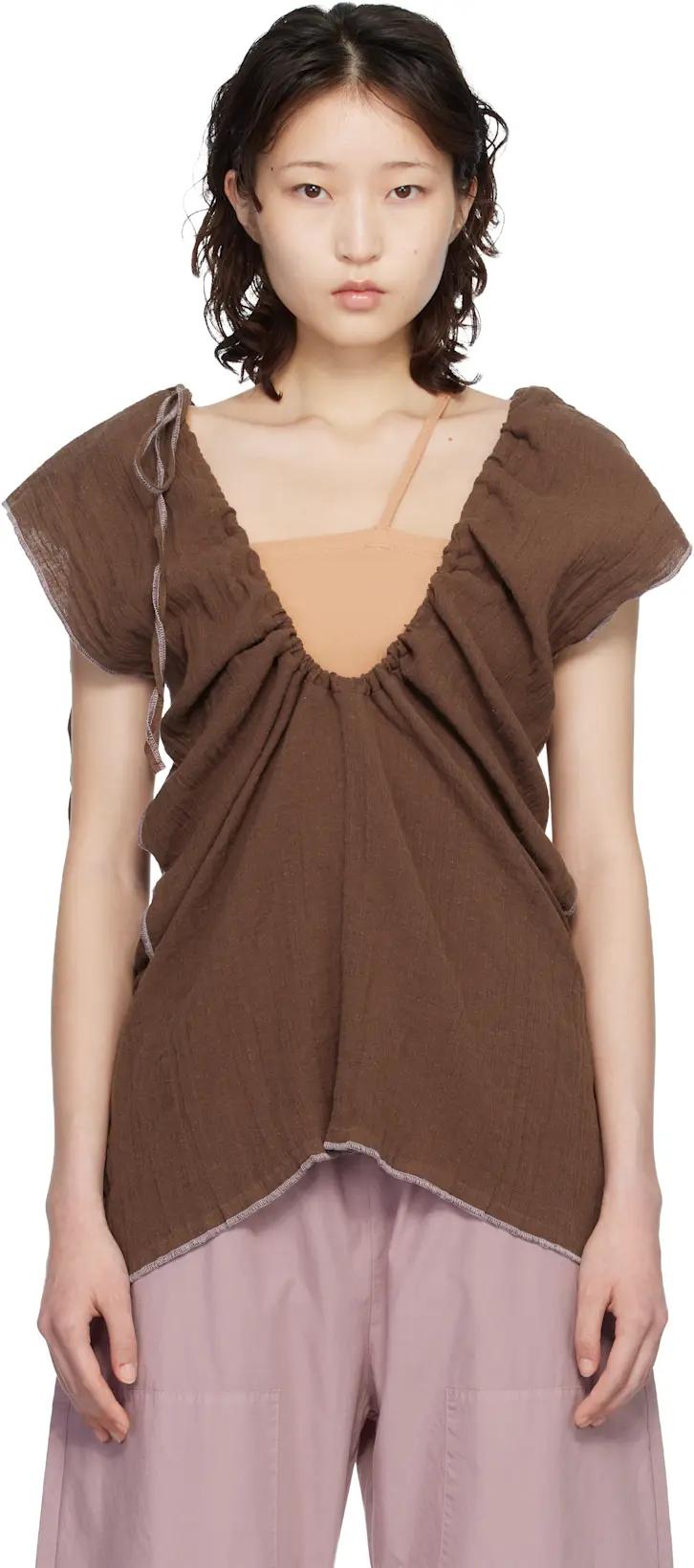 Brown Crinkle Linen Max Blouse by BASERANGE