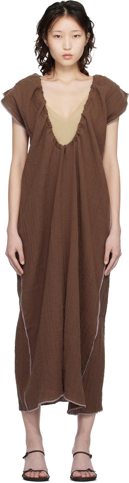 Brown Max Crinkle Linen Maxi Dress by BASERANGE