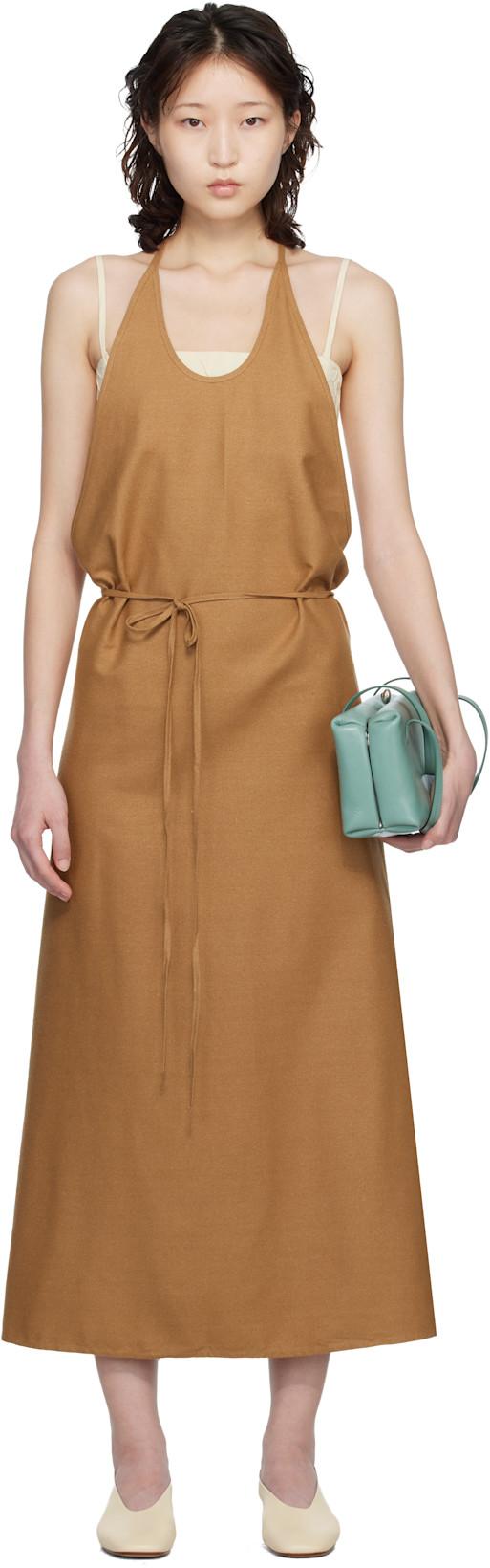 Tan Wild Silk Apron Midi Dress by BASERANGE