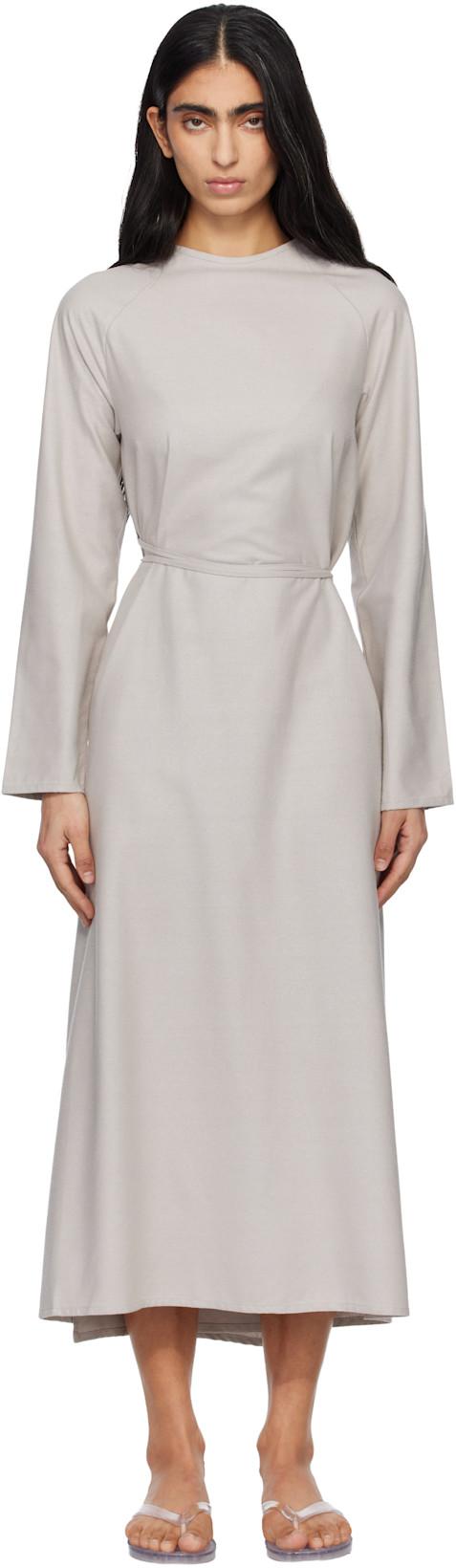 Taupe Long Sleeve Apron Maxi Dress by BASERANGE