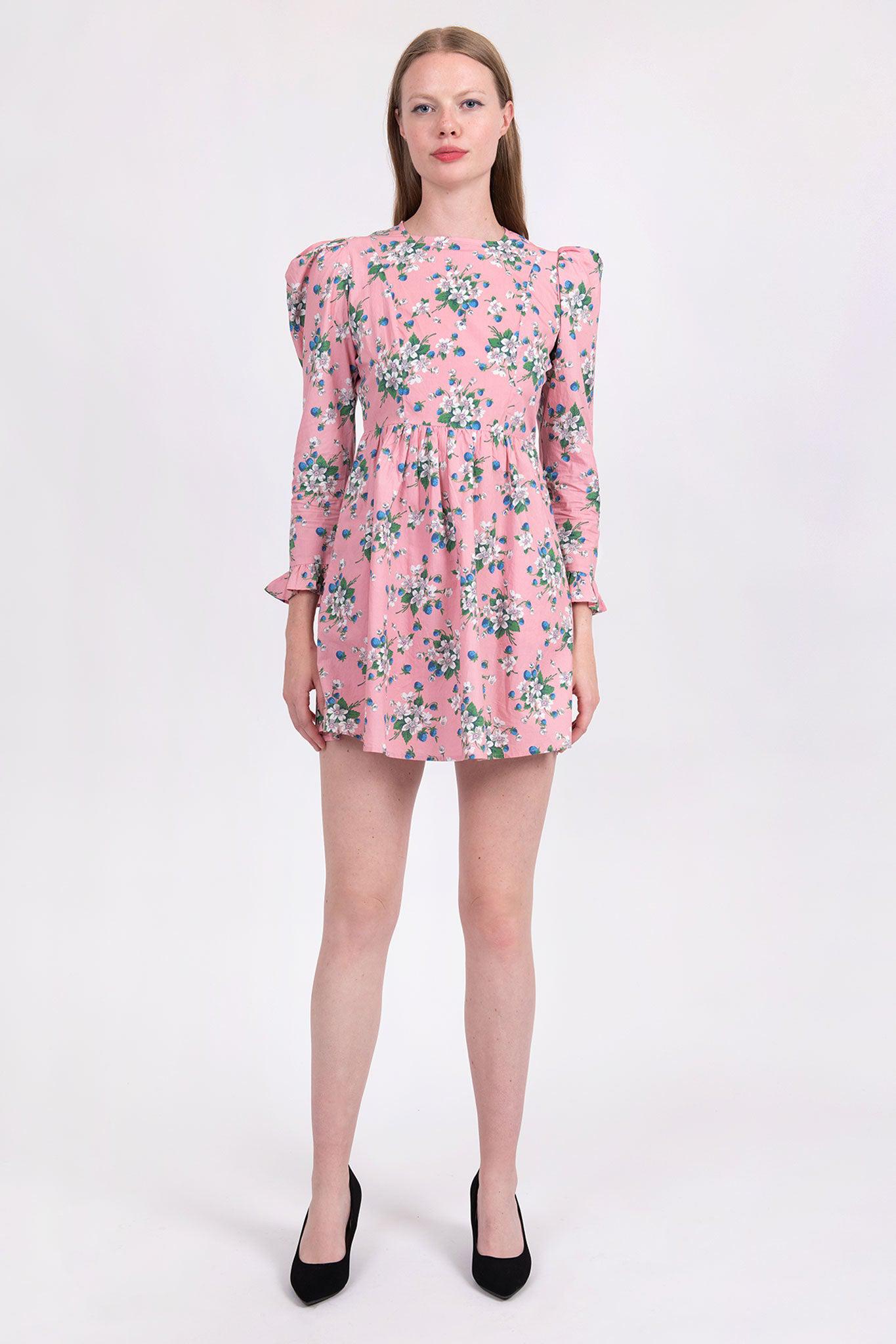 Collarless Mini Prairie Dress in Pink Lily by BATSHEVA
