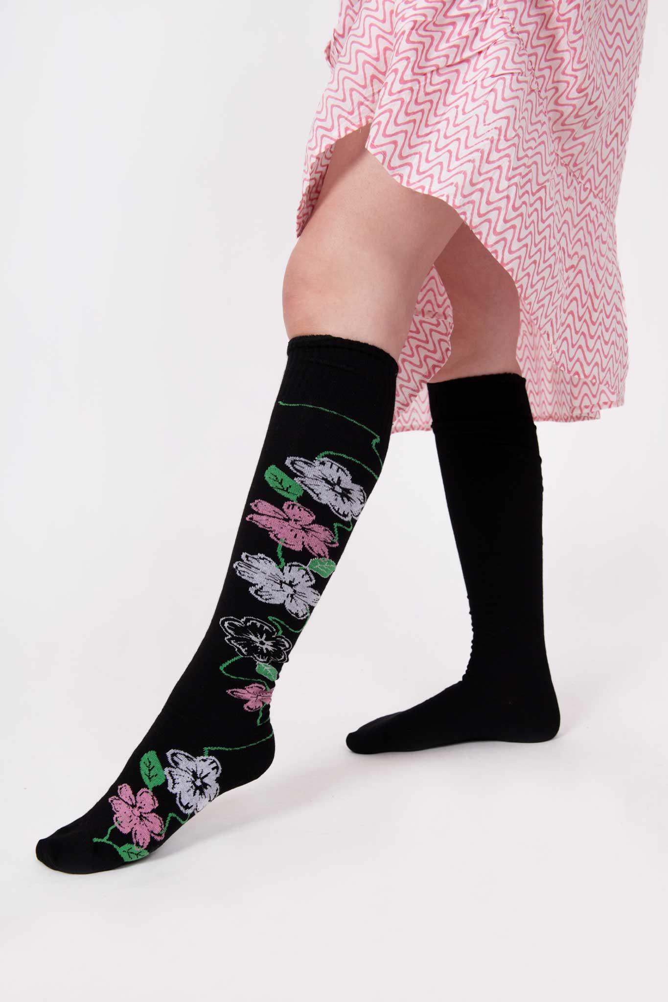 Socks in Black & Pink Floral by BATSHEVA