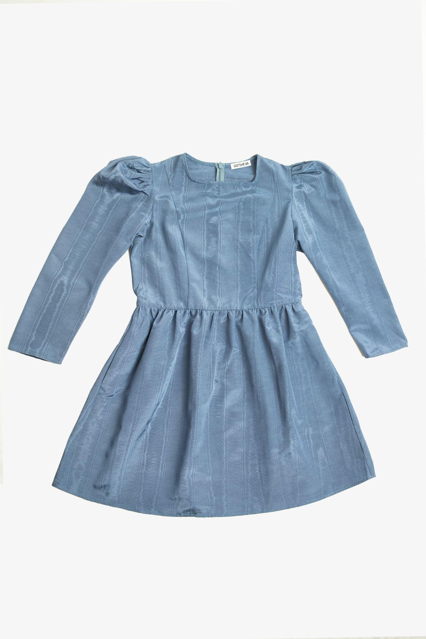 Square Neck Mini Prairie Dress in Windsor Blue Moiré by BATSHEVA
