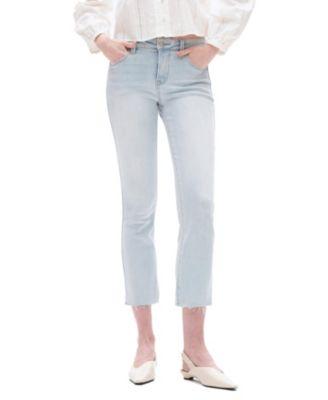 High Rise Straight Leg Raw Edge Denim Jeans Stretch Comfortable Wear in Wathet by BAYEAS