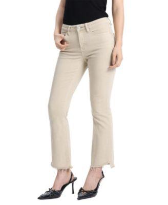 Mid-Rise Cropped Bootcut Denim Jeans with Stepped Frayed Hem in Light Khaki by BAYEAS