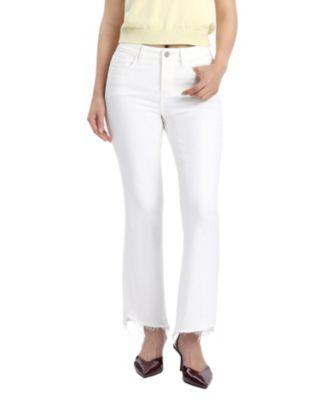 Mid Rise Cropped Bootcut Denim Jeans with Stepped Frayed Hem in White by BAYEAS
