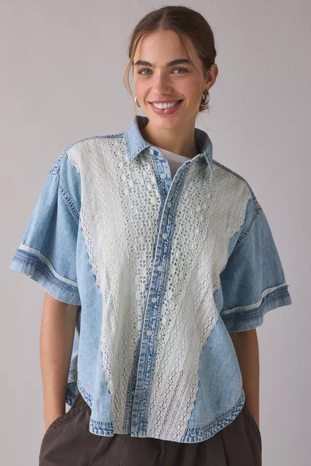 BDG Caught In The Feeling Lace + Denim Short Sleeve Button-Up Shirt by BDG