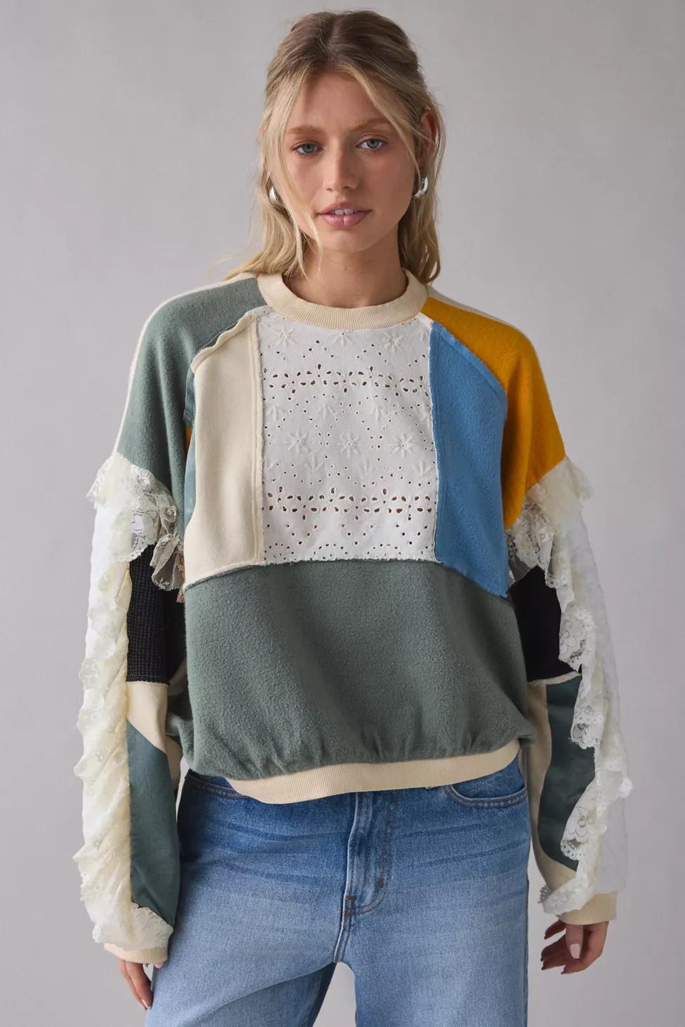 BDG Cooper Lace Trim Patchwork Crew Neck Pullover by BDG