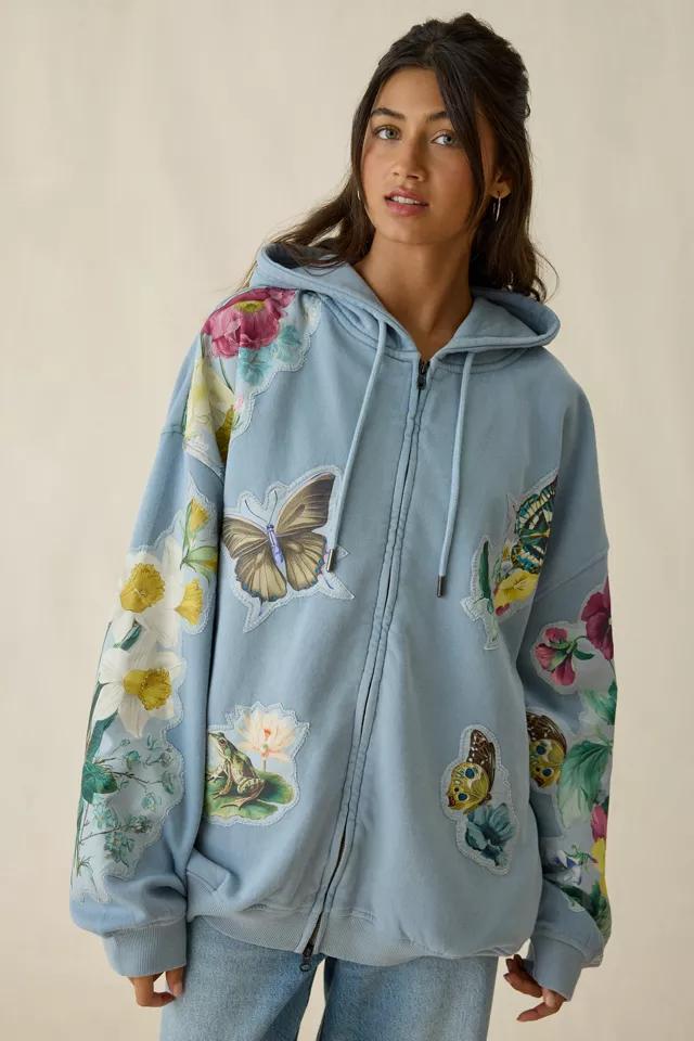 BDG Dusty Blooming Butterflies Patchwork Graphic Oversized Zip-Up Hoodie Sweatshirt by BDG