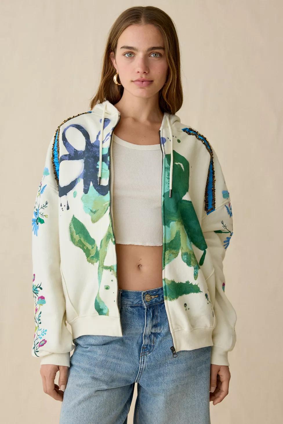 BDG Dusty Embellished Bloom Graphic Oversized Zip-Up Hoodie Sweatshirt by BDG