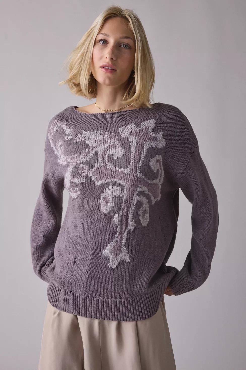 BDG Graphic Distressed Cotton Blend Oversized Boatneck Sweater by BDG