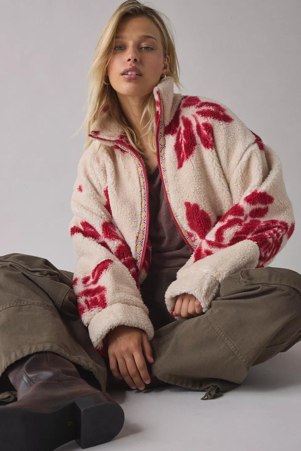 BDG Mae Printed Piled Fleece Zip-Up Jacket by BDG