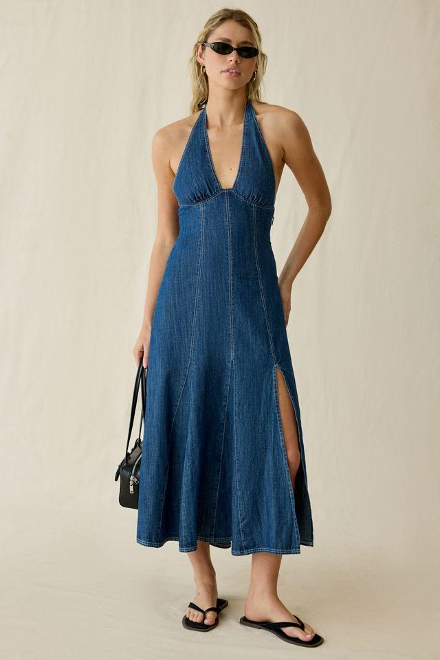 BDG Real Talk Seamed Denim Halter Neck Midi Dress by BDG