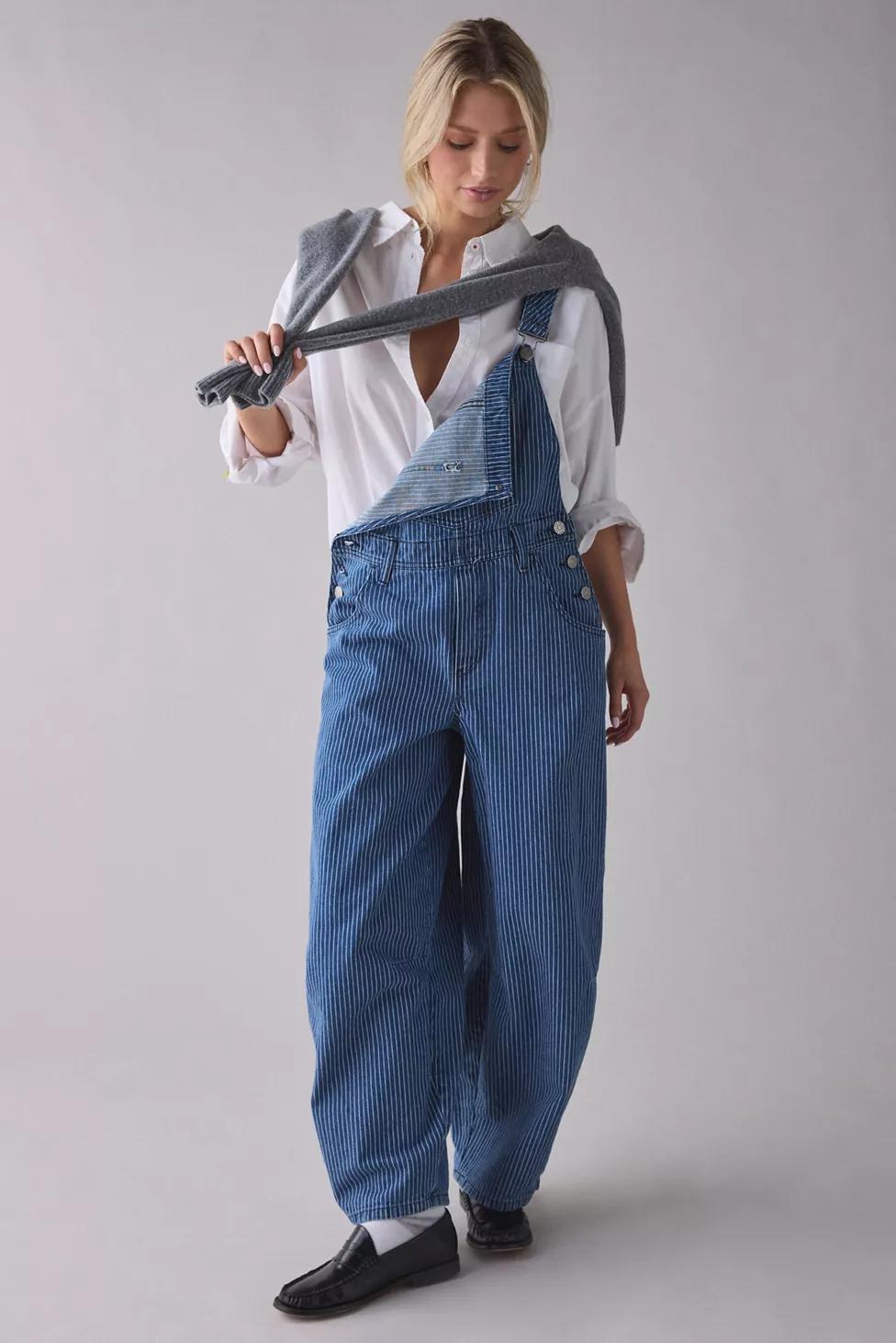 BDG Rih Pinstripe Extreme Barrel-Leg Overalls by BDG