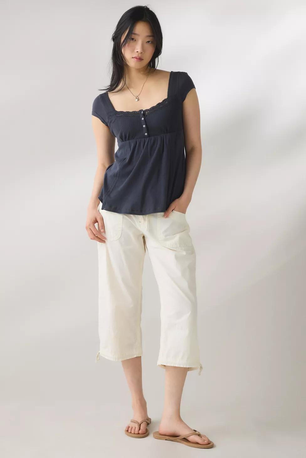 BDG Sawyer Lace Trim Short Sleeve Babydoll Top by BDG