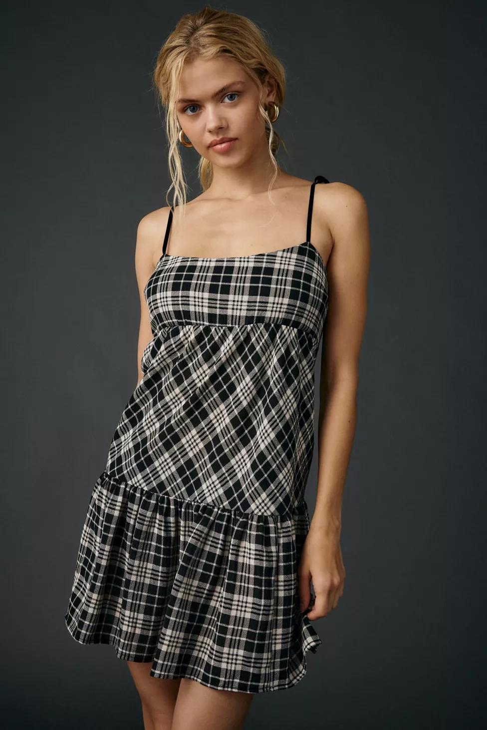 BDG Throw It On Tie-Strap Plaid Babydoll Mini Dress by BDG