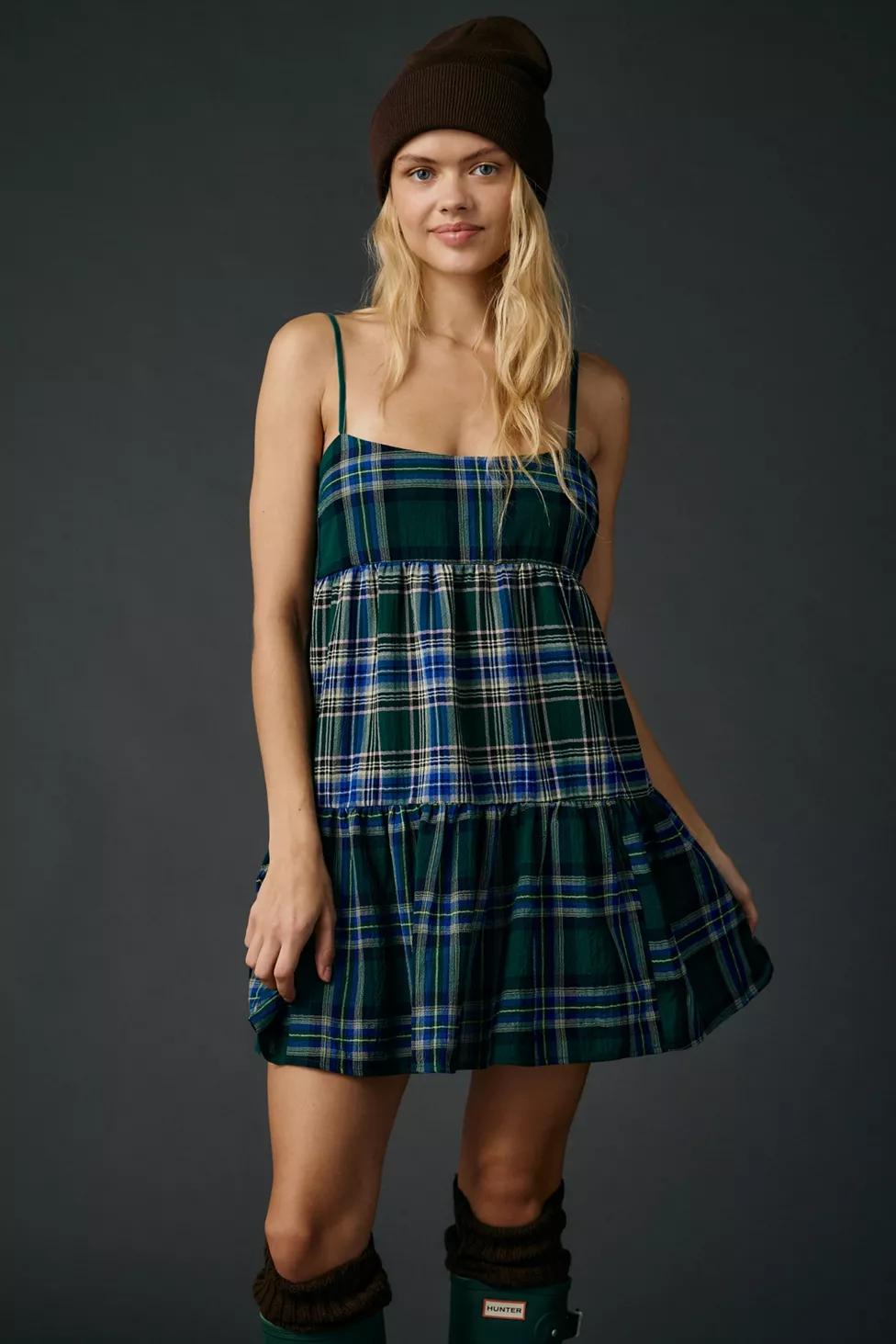 BDG Throw It On Tie-Strap Plaid Babydoll Mini Dress by BDG