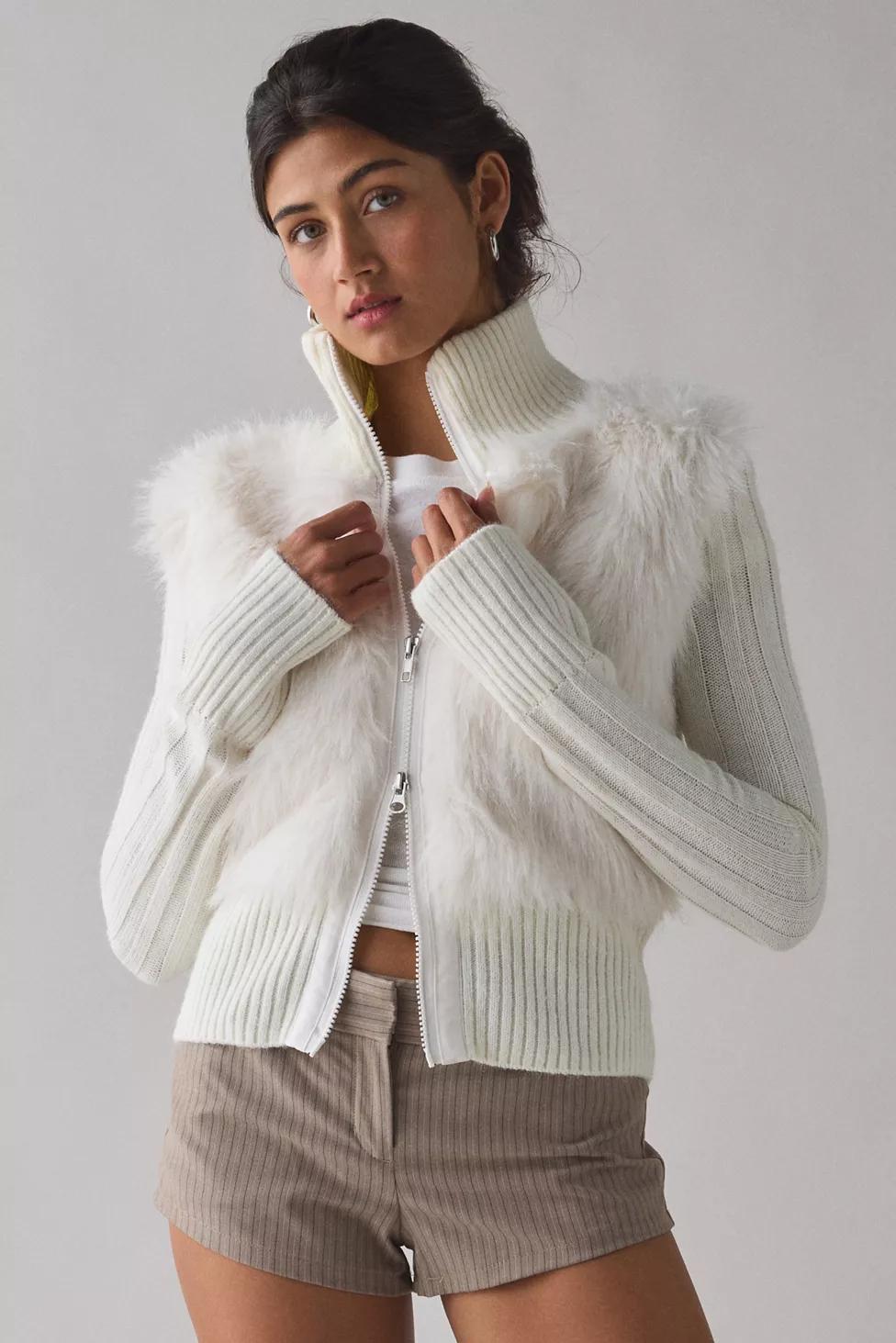BDG Tori Faux Fur Trim Zip-Up Sweater Jacket by BDG