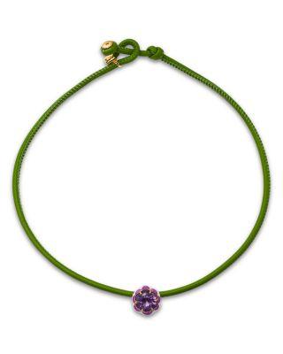 Sterling Silver & 9K Yellow Gold Amethyst Flower Green Leather Cord Pop Choker Necklace by BEA BONGIASCA