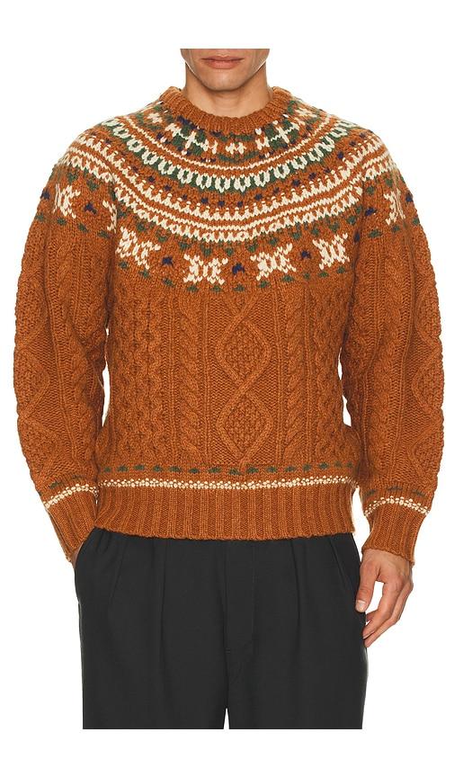 Beams Plus Crew Nordic Cable Sweater in Brown by BEAMS PLUS