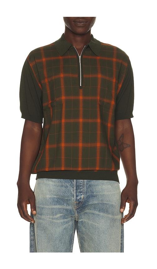 Beams Plus Half Zip Panel Polo Ombre Plaid in Olive by BEAMS PLUS