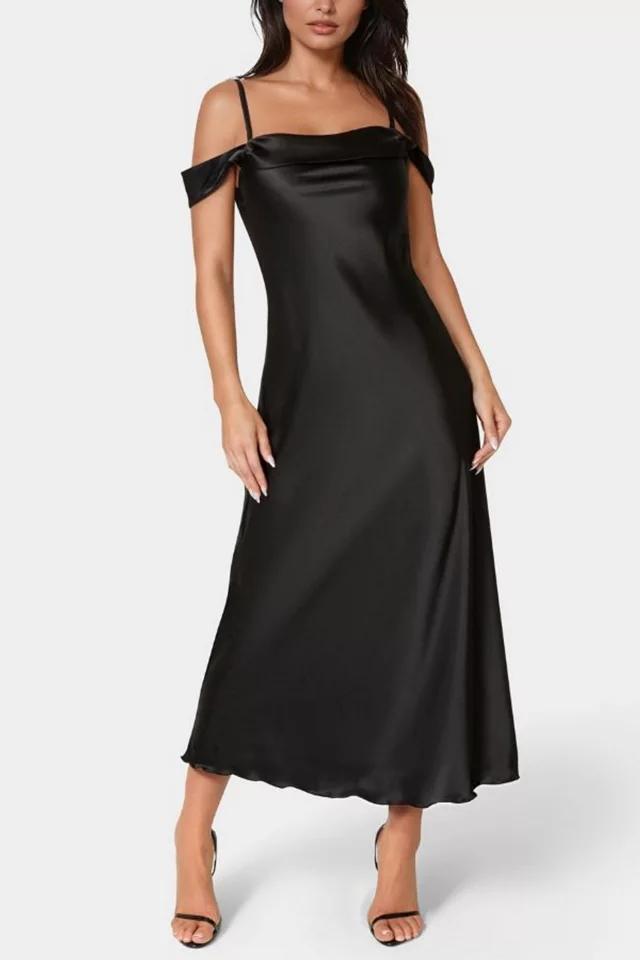 Bebe Drape Shoulder High Slit Satin Dress by BEBE