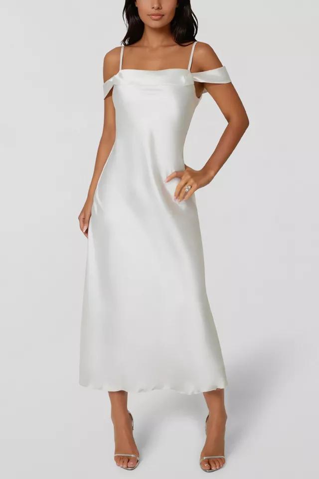 Bebe Drape Shoulder High Slit Satin Dress by BEBE