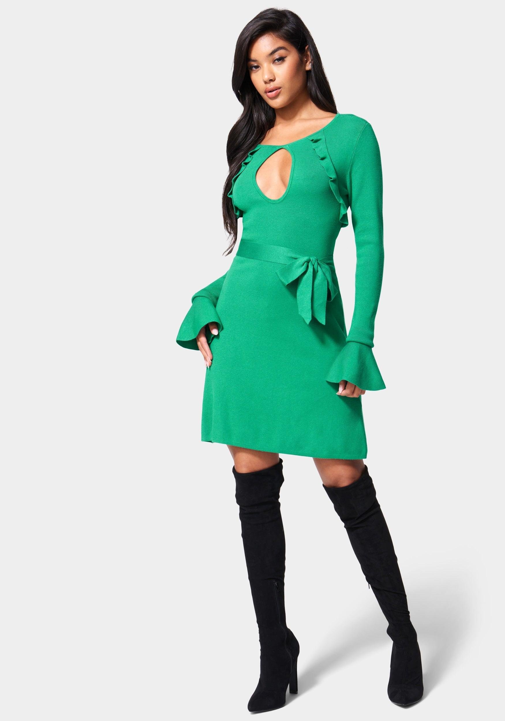 Bell Sleeve Belted Sweater Dress by BEBE