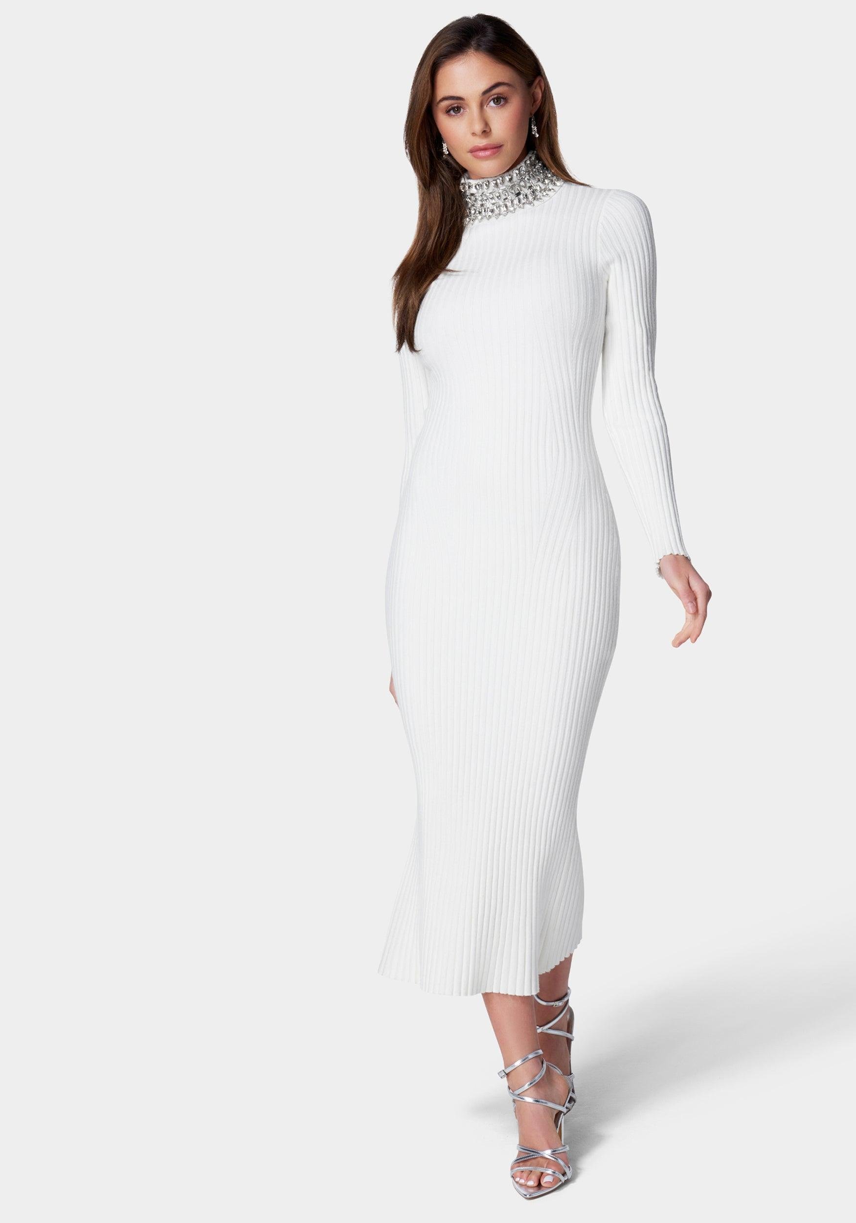 Crystal Neck Midi Sweater Dress by BEBE