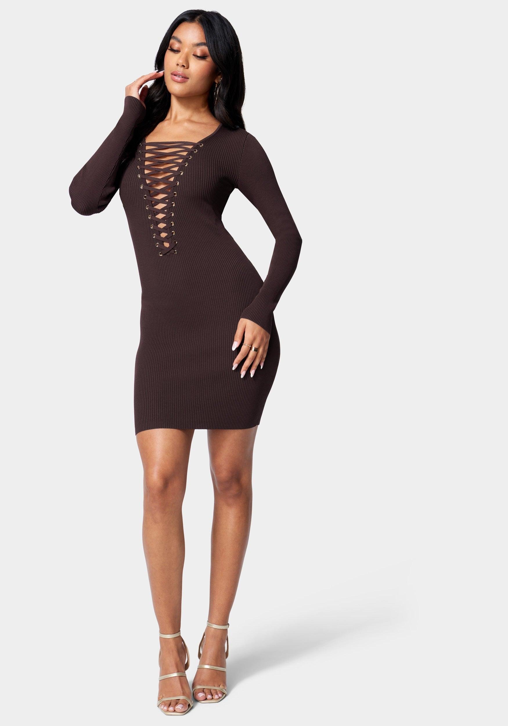 Plunge Neck Lace Up Sweater Dress by BEBE