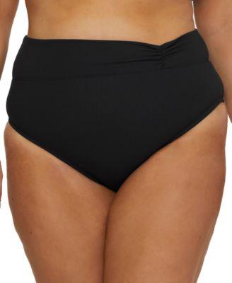 Plus Size Modern Edge Rib Shirred High-Waist Bikini Bottoms by BECCA ETC Plus Size Modern Edge Rib Shirred High-Waist Bikini Bottoms by BECCA ETC
