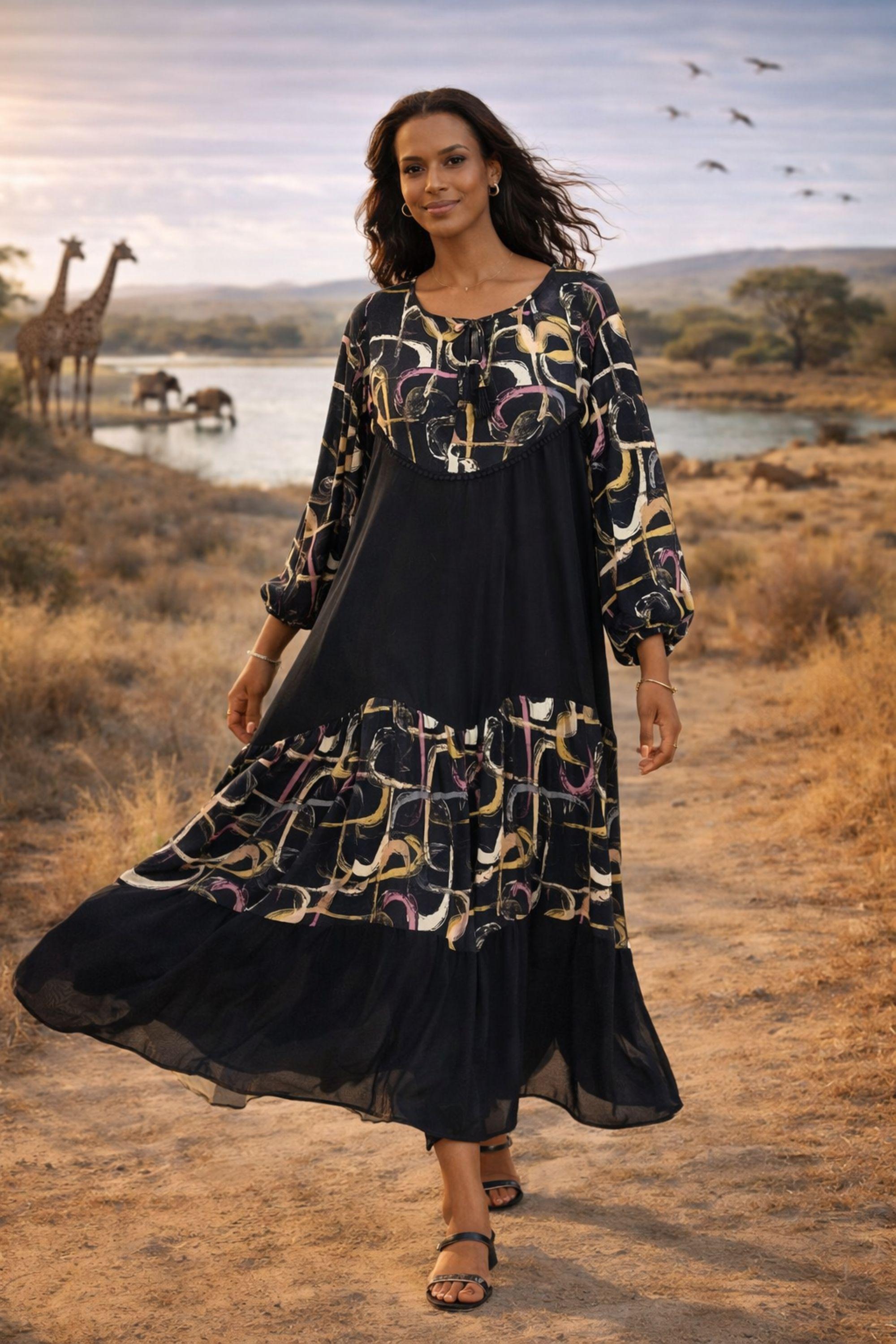 Abstract Panel Maxi Dress in Black by BELISSH