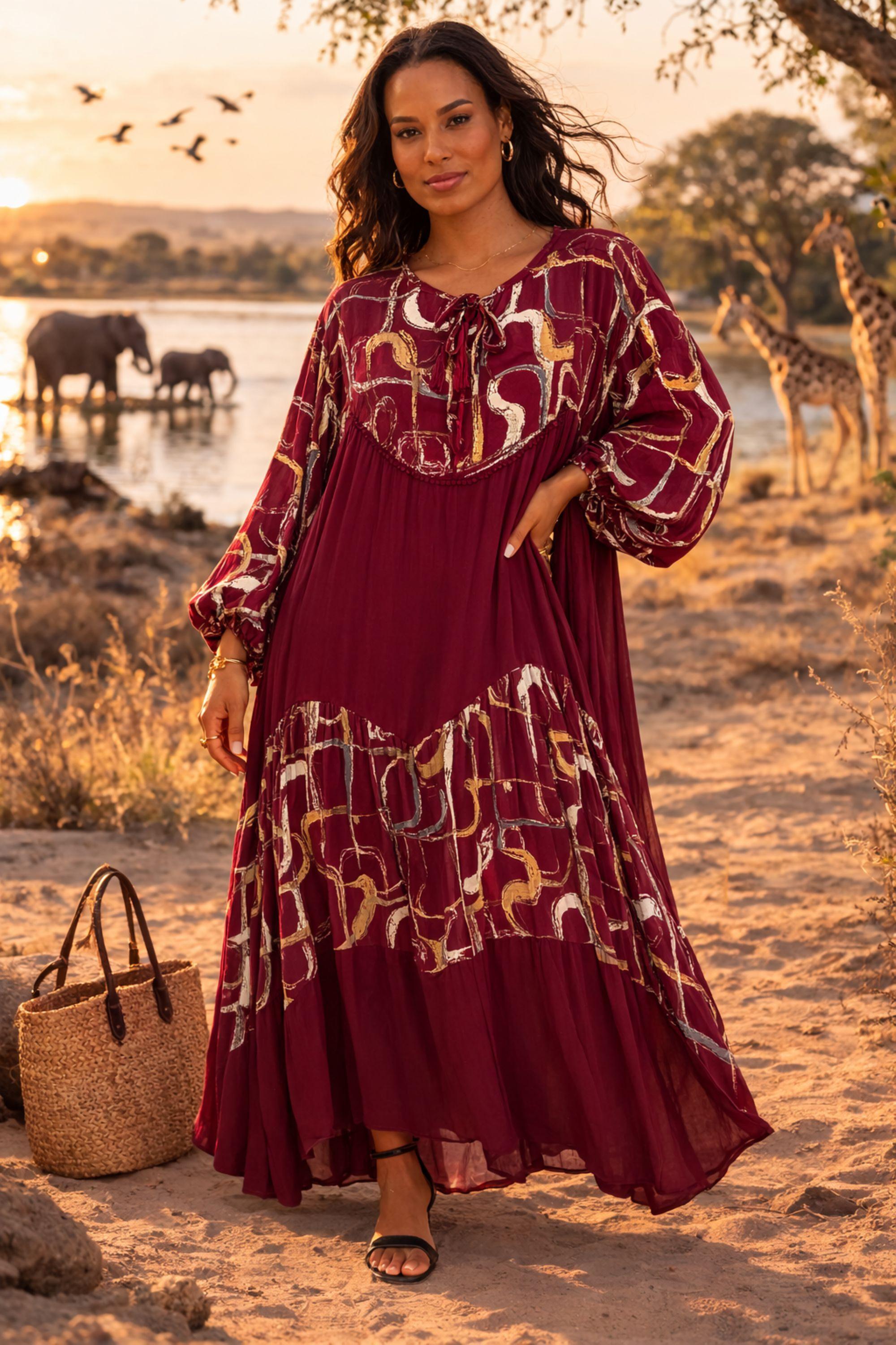 Abstract Panel Maxi Dress in Burgundy by BELISSH