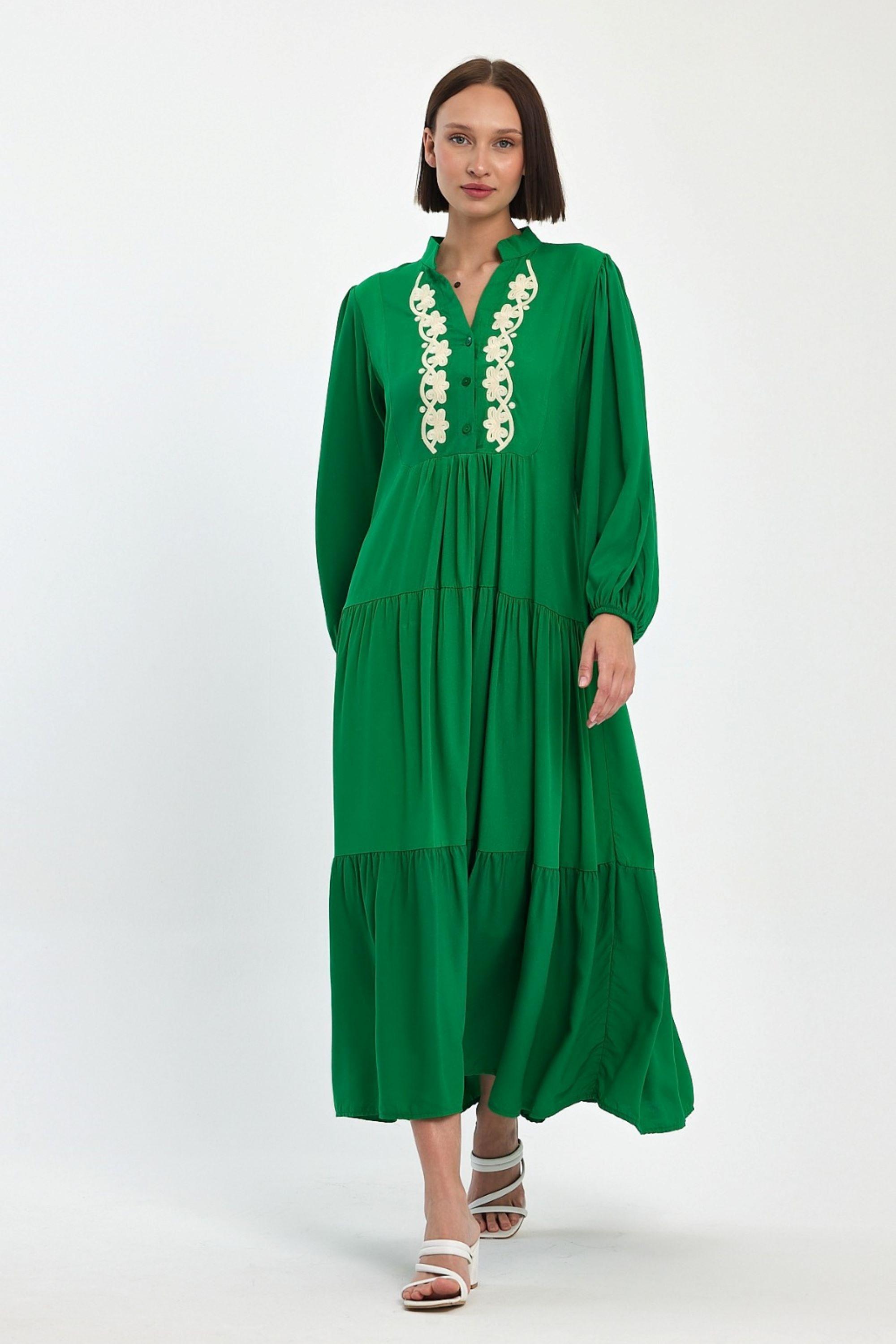 Embroidered Front Tiered Midi Dress in Green by BELISSH Embroidered Front Tiered Midi Dress in Green by BELISSH