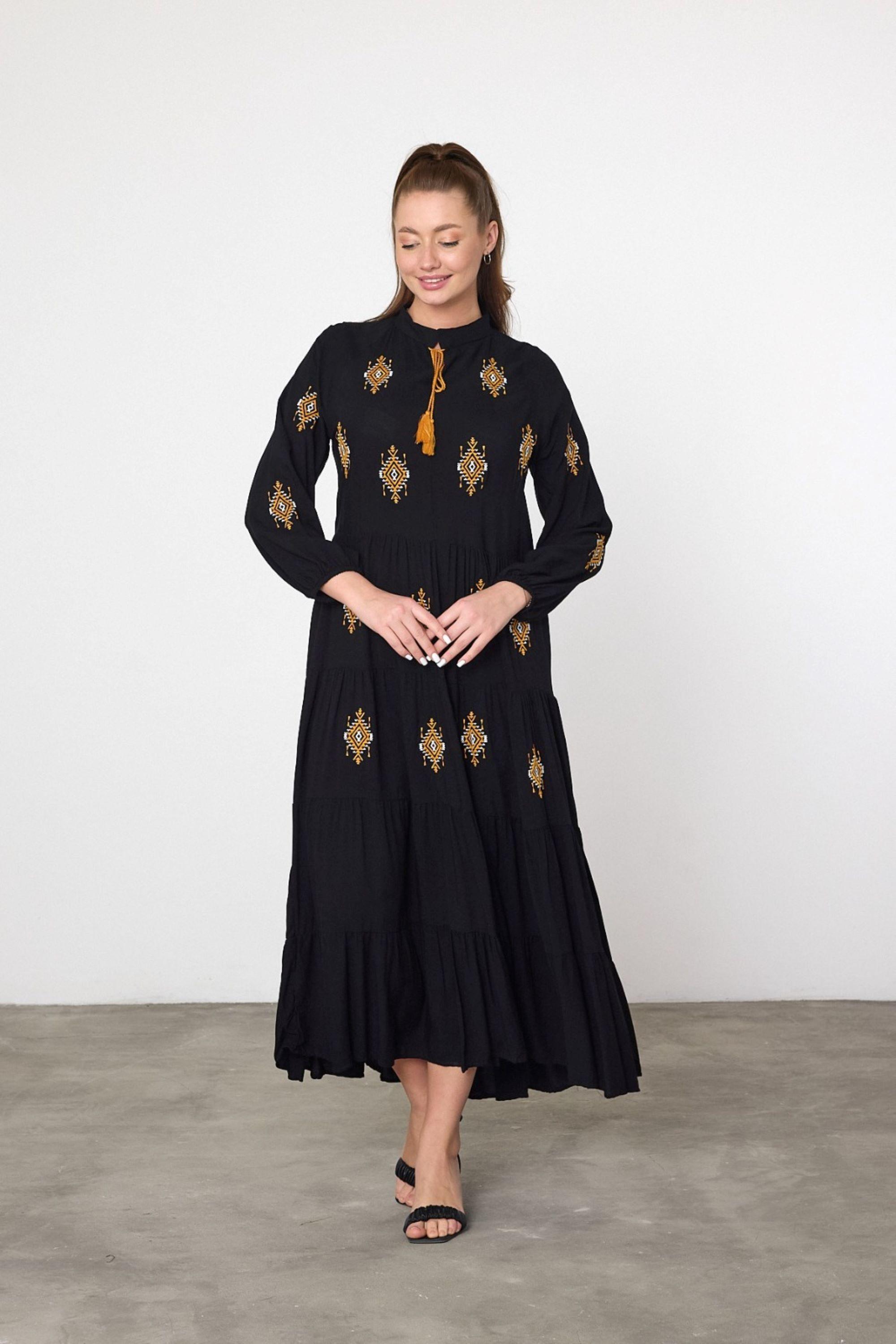 Embroidered Tiered Midi Dress with Tassel Tie in Black by BELISSH