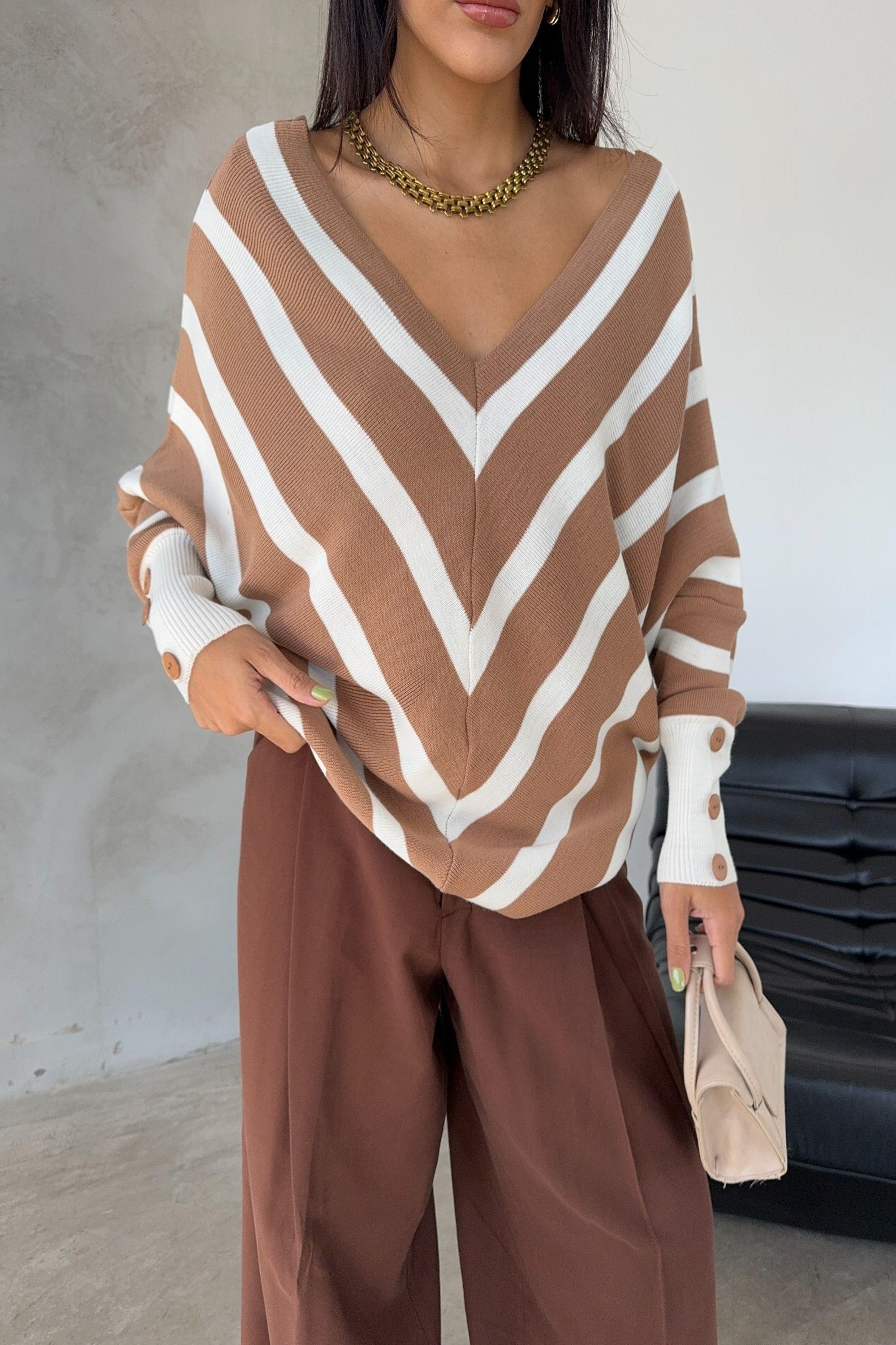 Off-Shoulder Striped Knit Sweater with Button Details by BELISSH