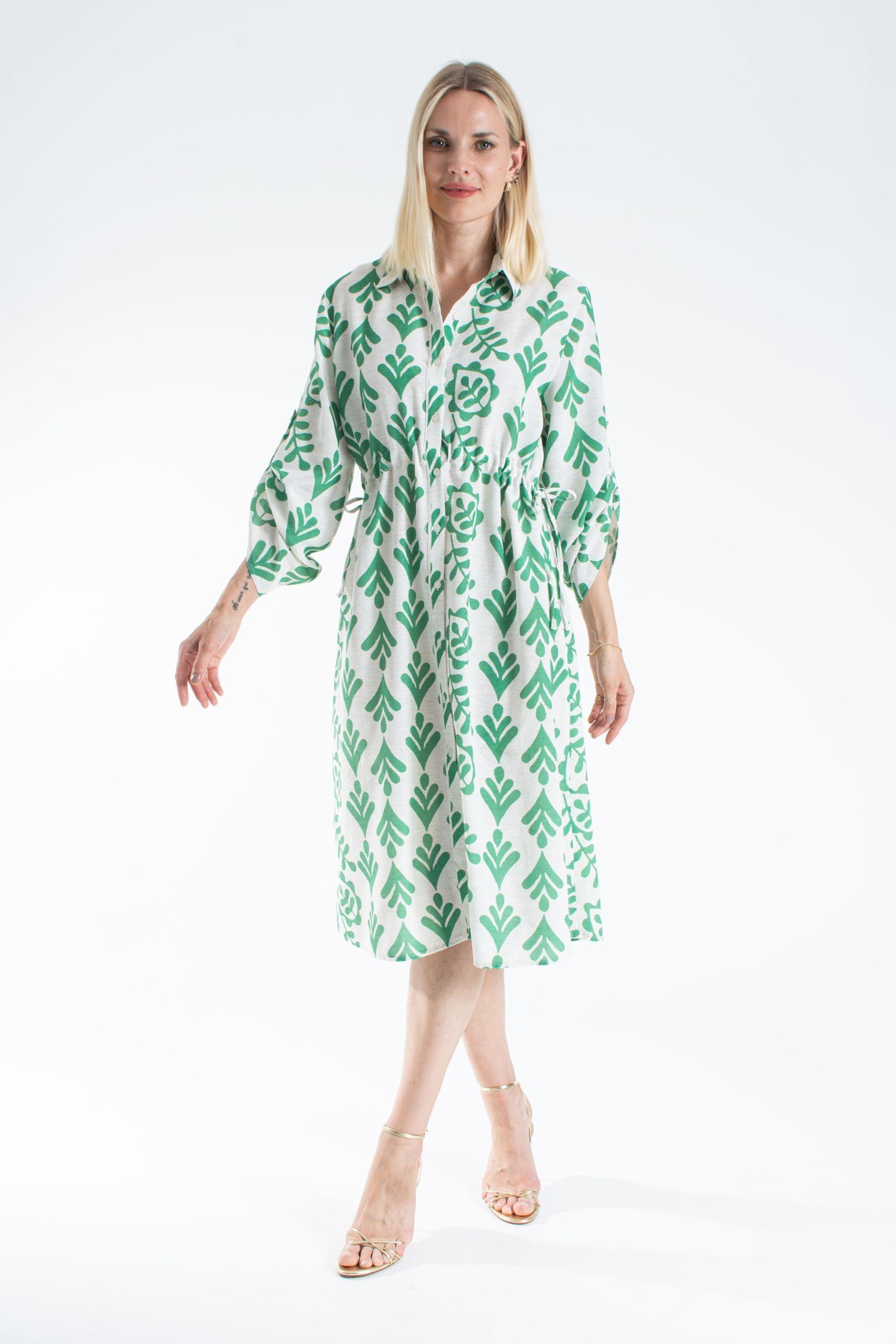 Women’s Linen Blend Leaf Print Midi Shirt Dress by BELISSH