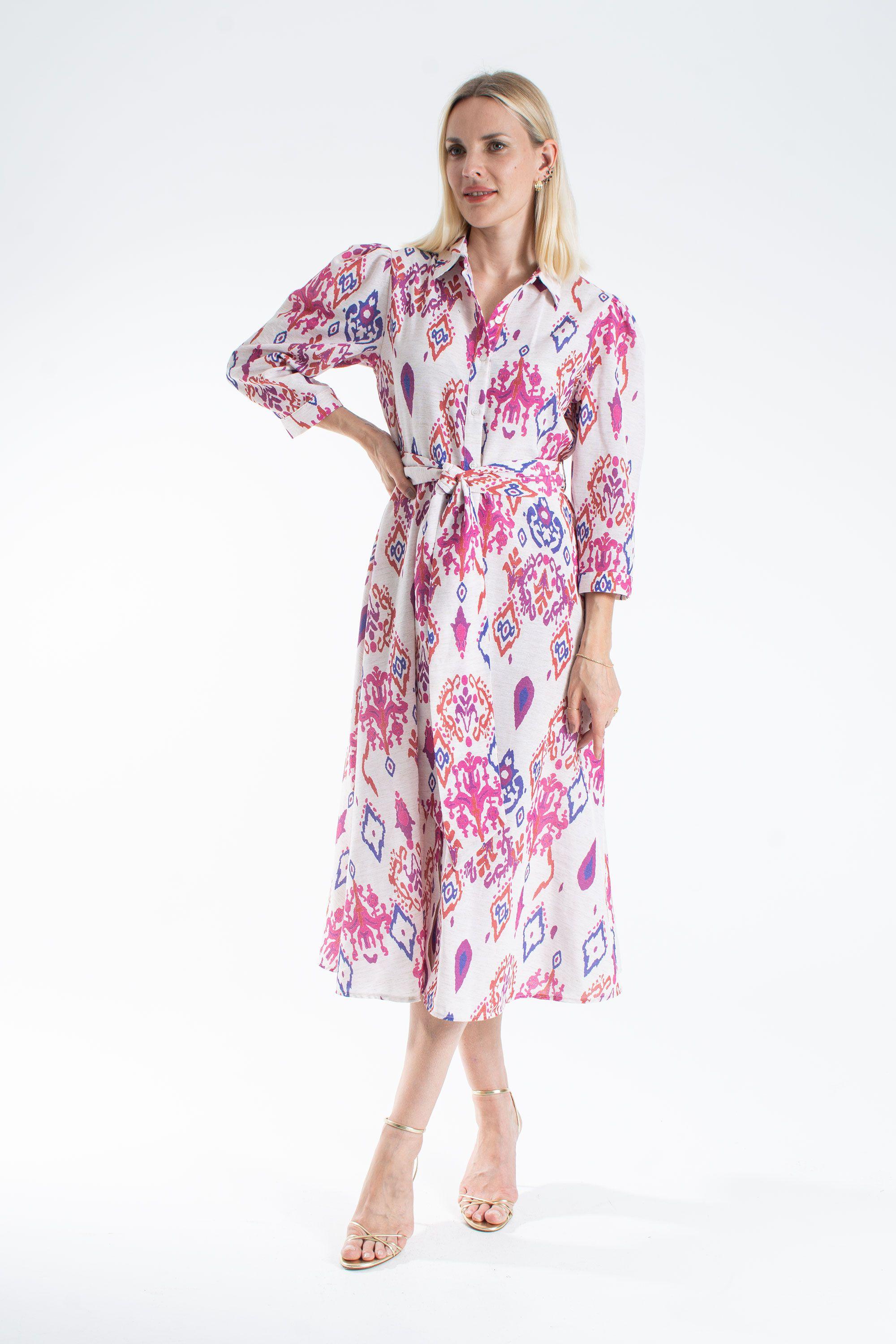 Women’s Linen Blend Ornamental Print Midi Shirt Dress by BELISSH