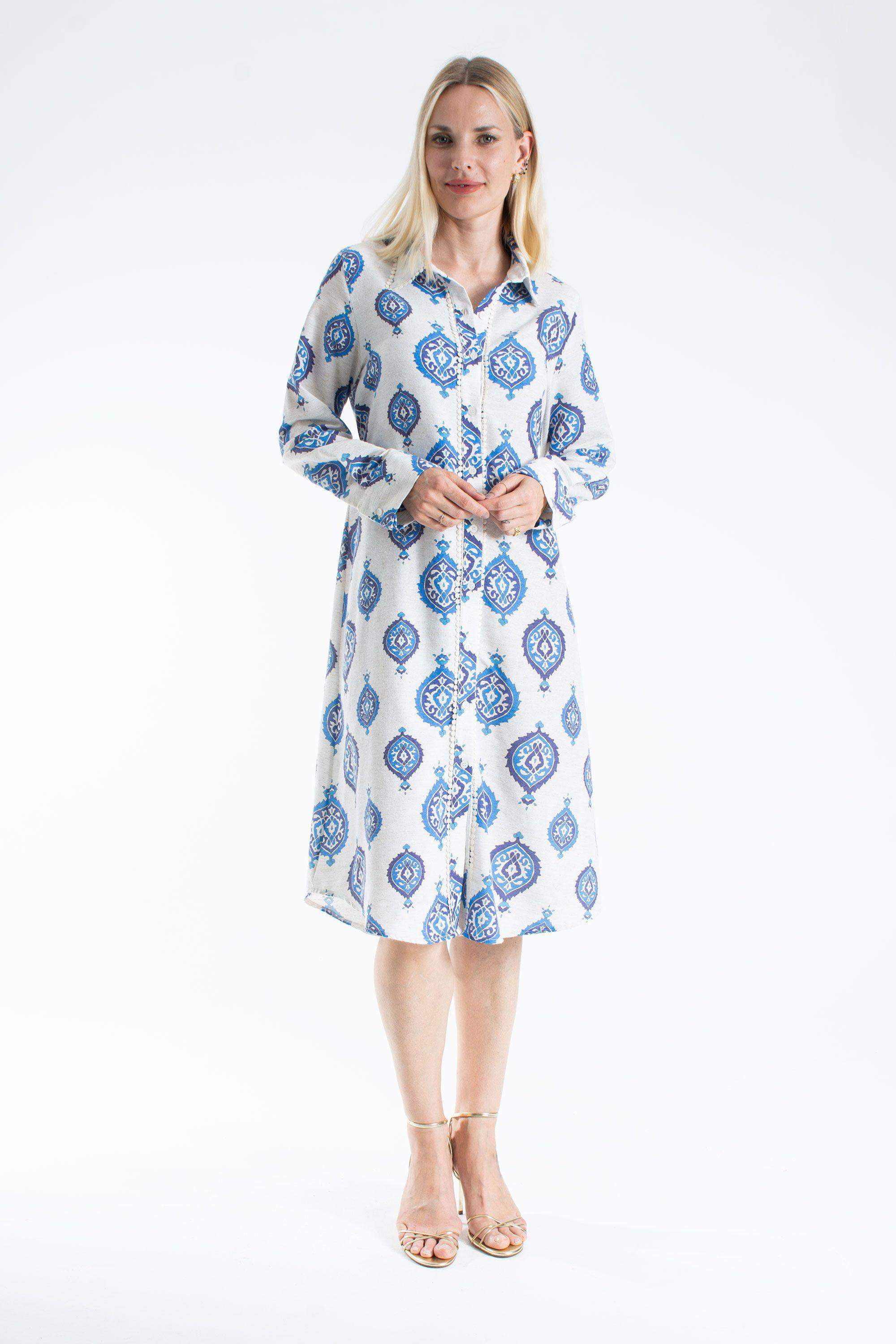 Women’s Linen Blend Ornamental Print Midi Shirt Dress by BELISSH