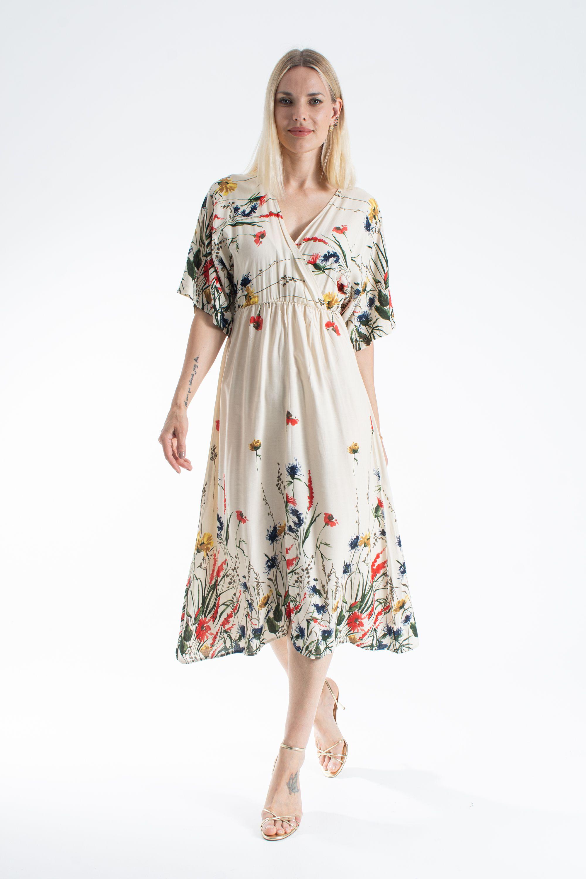 Womens Viscose Floral Print V Neck Short Sleeve Midi Dress by BELISSH
