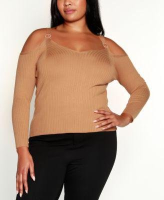 Black Label Plus Size Cold-Shoulder Ribbed V-Neck Sweater by BELLDINI
