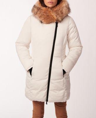 Women's Asymmetrical Zip Faux-Fur Trim Hooded Puffer Coat by BERNARDO