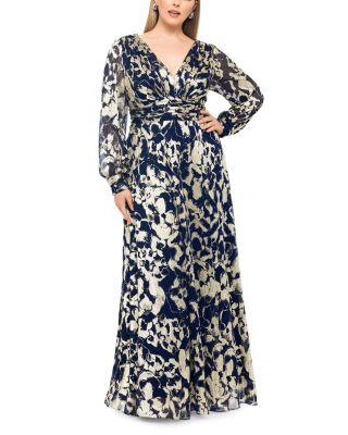 Plus Foil Printed Mesh Gown by BETSY&ADAM