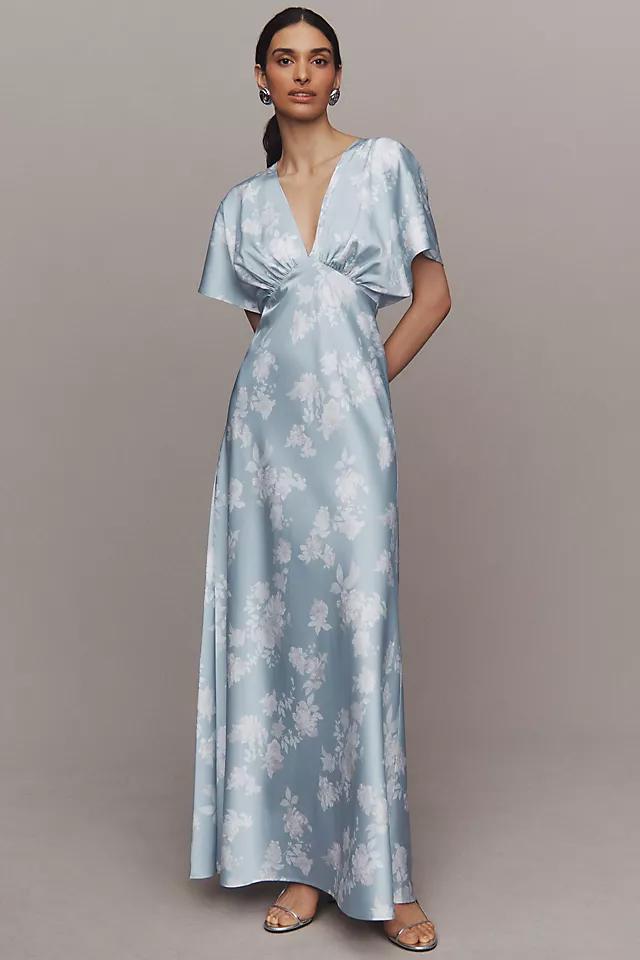 BHLDN Leila Deep-V Flutter-Sleeve Satin A-Line Gown by BHLDN BHLDN Leila Deep-V Flutter-Sleeve Satin A-Line Gown by BHLDN