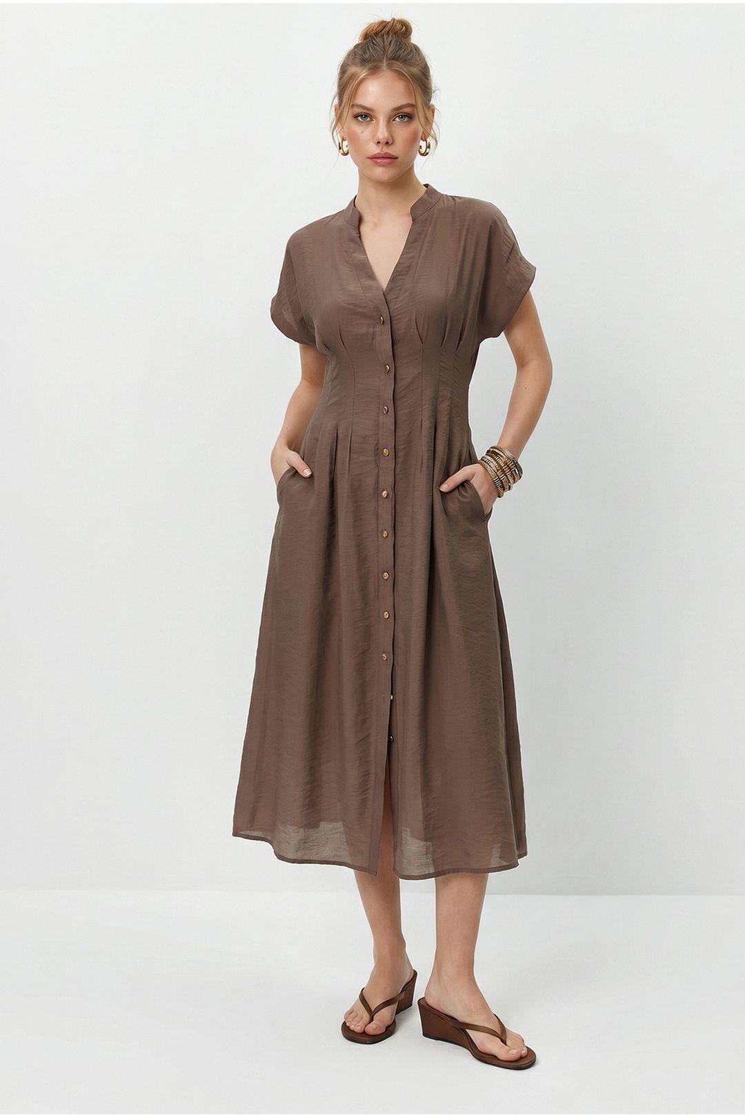 A-line Midi Dress With V-neck And Buttons by BIANCO LUCCI