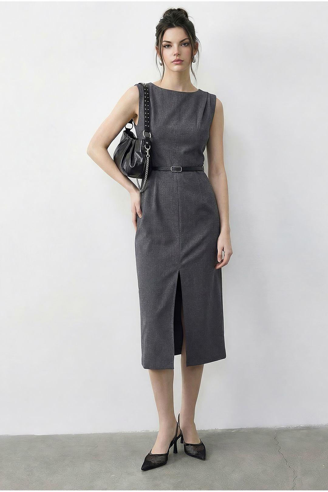 Belted Midi Pencil Dress with Boat Neck by BIANCO LUCCI