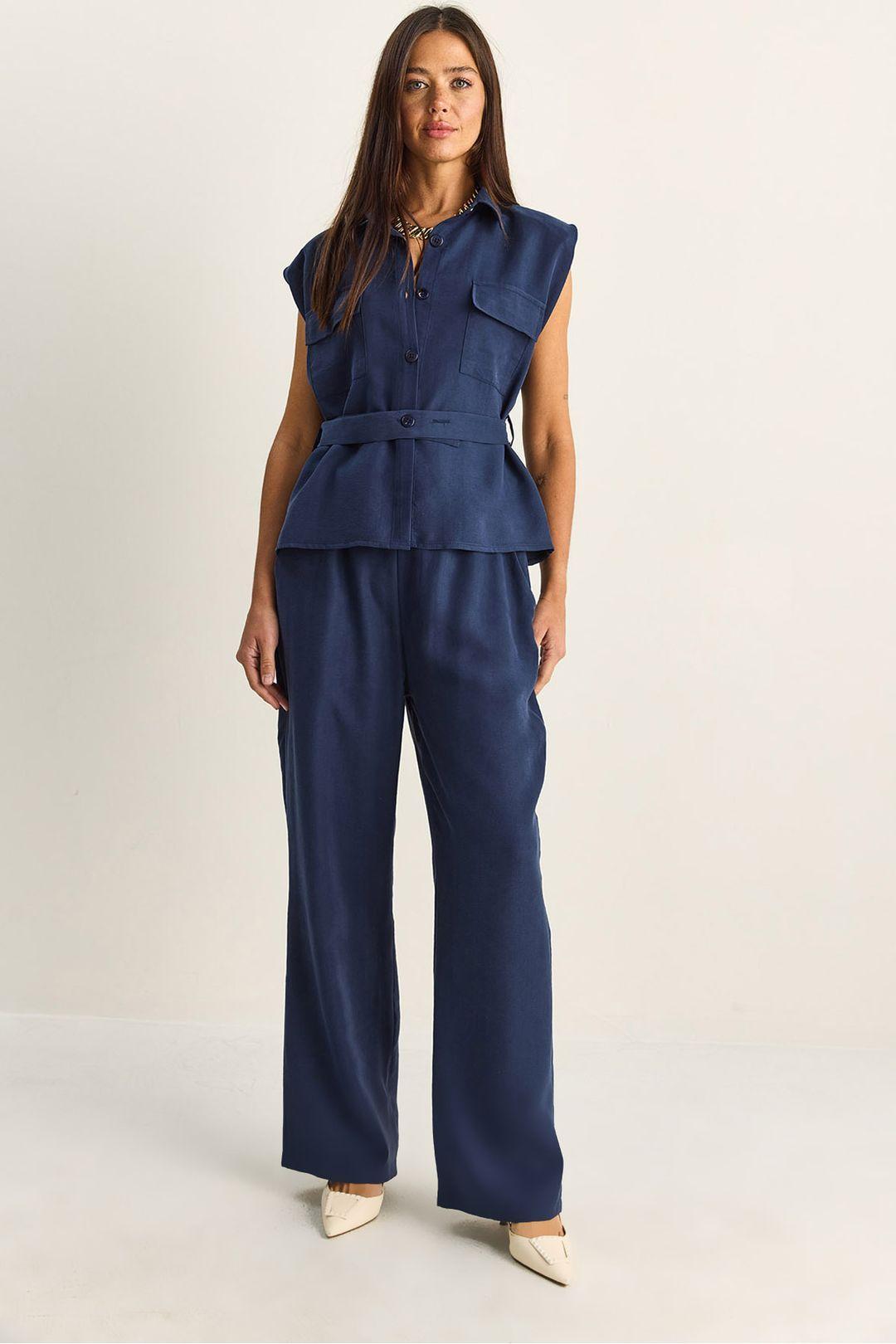 Belted Sleeveless Blouse And Wide-Leg Trousers Set by BIANCO LUCCI