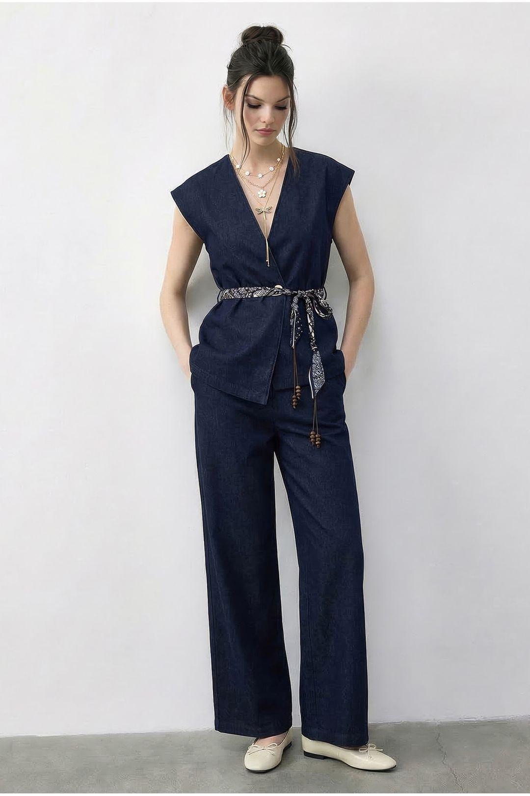 Belted V-Neck Vest and Wide-Leg Trousers Set by BIANCO LUCCI
