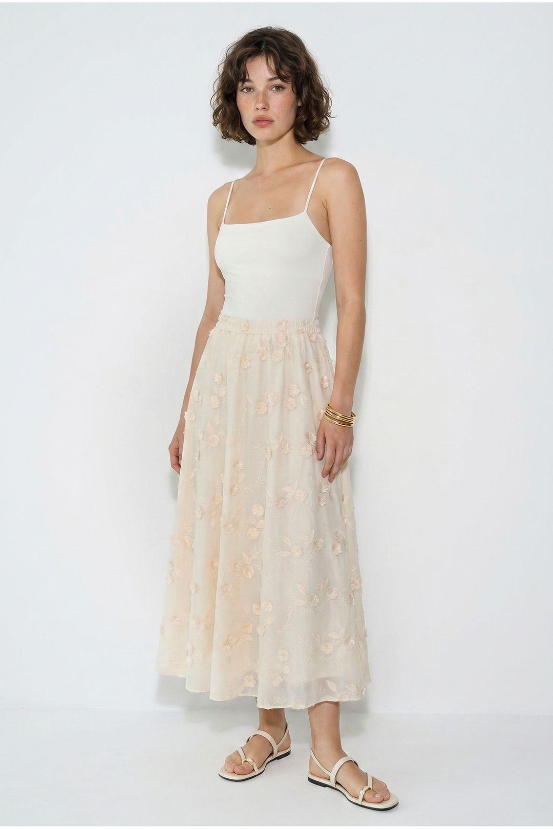 Embroidered High-Waist Midi A-Line Skirt by BIANCO LUCCI